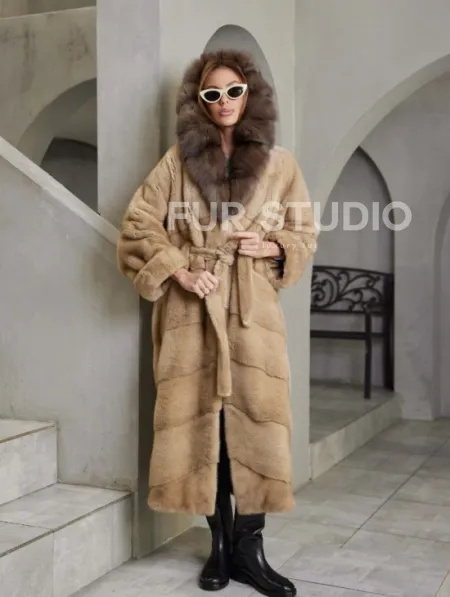 Длинная норковая шуба кимоно, карамель капюшон куница - фото 0