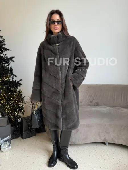 Норковая шуба стойка воротник - цвет графит - фото 0