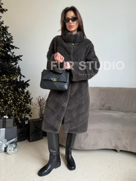 Норковая шуба стойка воротник - цвет графит - фото 4