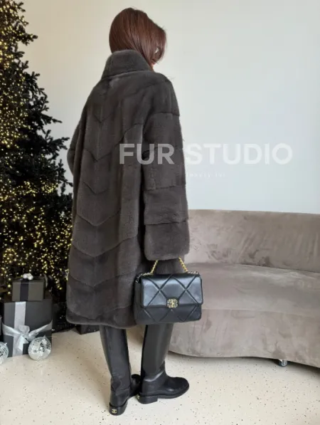 Норковая шуба стойка воротник - цвет графит - фото 1