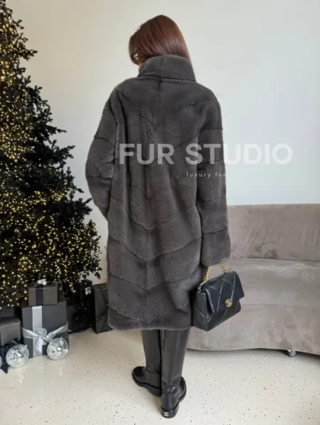 Норковая шуба стойка воротник - цвет графит - фото 3