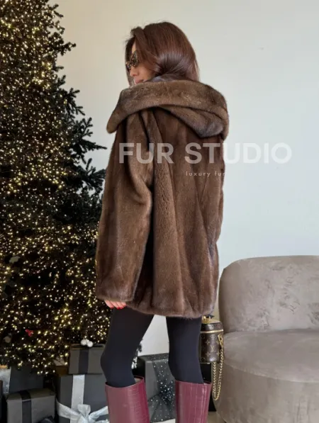 Норка автоледи с капюшоном, роспуск в цвете орех - фото 5