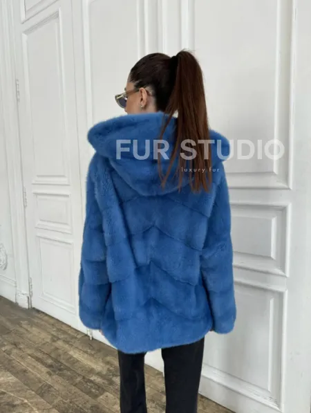 Норковый полушубок с капюшоном, паркет - цвет васильковый - фото 4