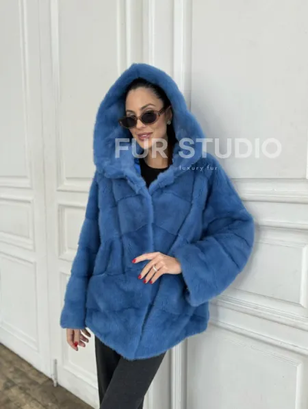 Норковый полушубок с капюшоном, паркет - цвет васильковый - фото 5