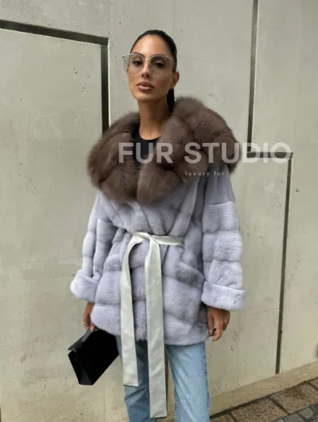 Шуба норковая с капюшоном из меха куницы - цвет голубой - фото 13