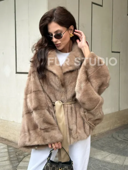 Шуба автоледи из норки цвет бежевый - фото 4