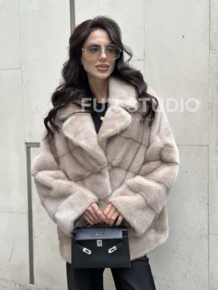 Шуба из меха норки английский воротник пудра - фото 5