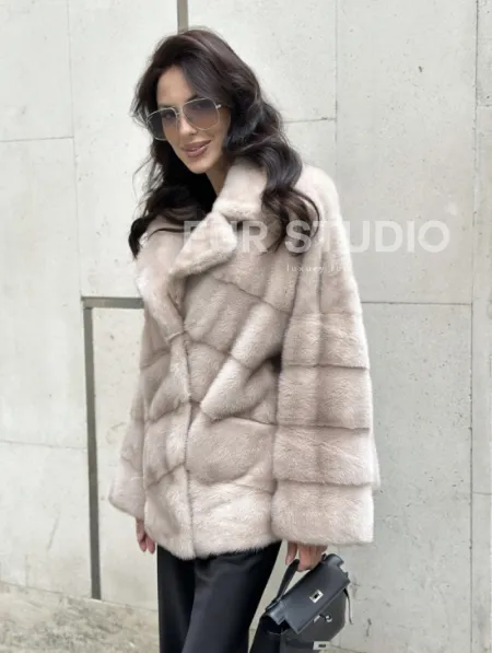 Шуба из меха норки английский воротник пудра - фото 7