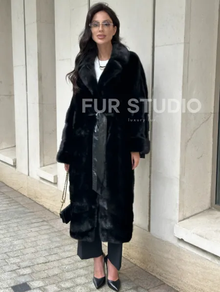 Черная шуба из норки английский воротник - фото 0