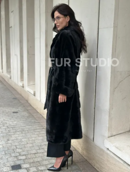 Черная шуба из норки английский воротник - фото 7