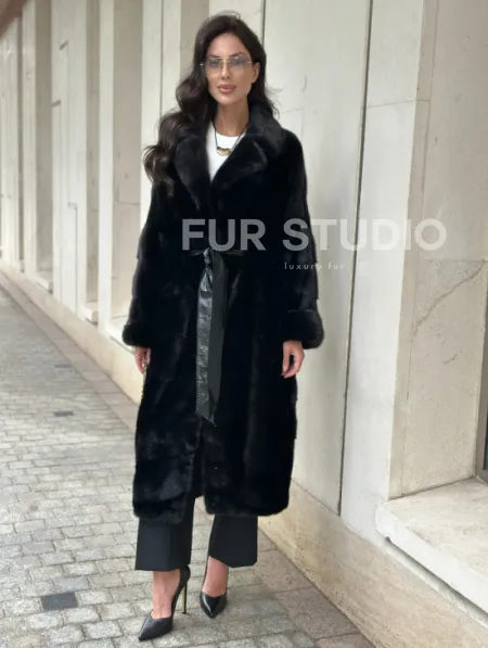 Черная шуба из норки английский воротник - фото 8