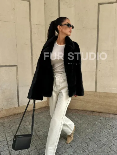 Полушубок из черной норки премиум аукциона - английский воротник - фото 12