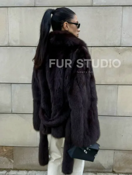 Шуба - жакет из меха куницы в цвете BURGUNDY - фото 5