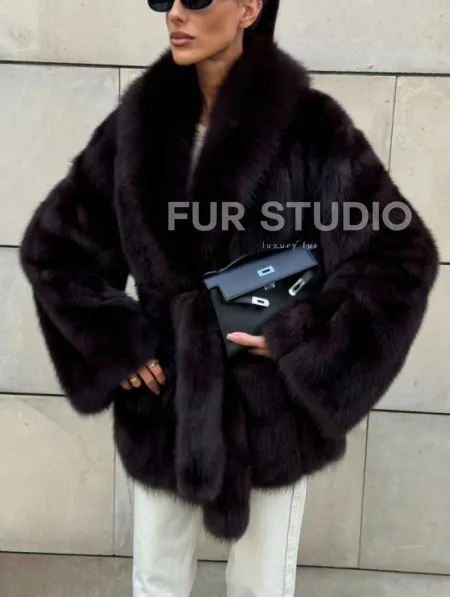 Шуба - жакет из меха куницы в цвете BURGUNDY - фото 2