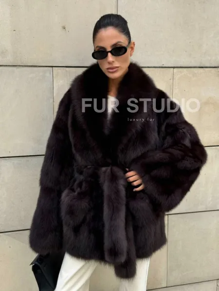 Шуба - жакет из меха куницы в цвете BURGUNDY - фото 0