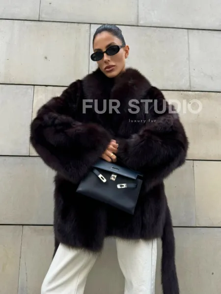 Шуба - жакет из меха куницы в цвете BURGUNDY - фото 10