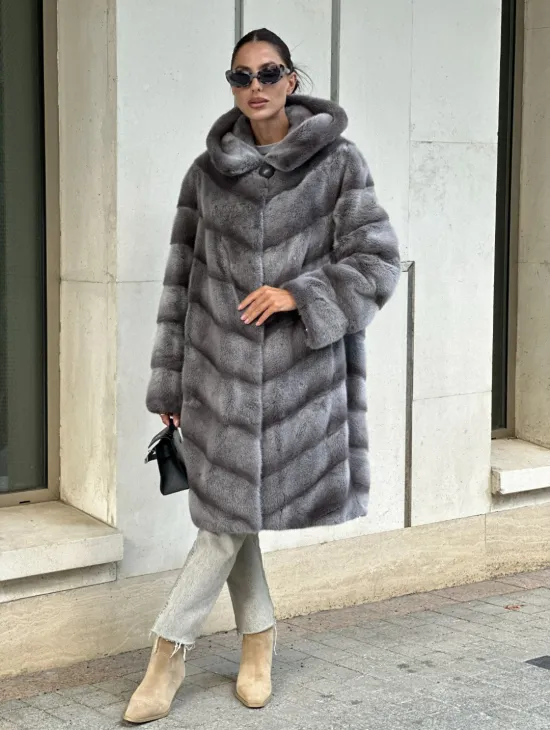Норковая шуба с капюшоном - цвет PLATINUM (СЕРЫЙ) - фото 0