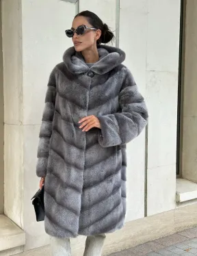 Норковая шуба с капюшоном - цвет PLATINUM (СЕРЫЙ) - фото 1