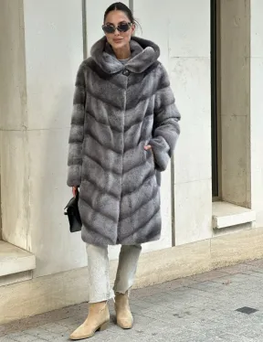 Норковая шуба с капюшоном - цвет PLATINUM (СЕРЫЙ) - фото 6