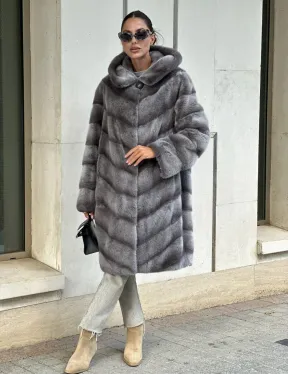 Норковая шуба с капюшоном - цвет PLATINUM (СЕРЫЙ) - фото 0