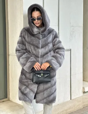 Норковая шуба с капюшоном - цвет PLATINUM (СЕРЫЙ) - фото 5