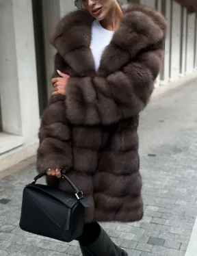 Шуба из меха куницы с капюшоном цвет трюфель - фото 2