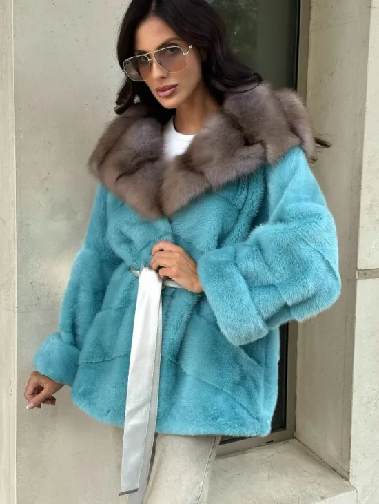 Шуба Autolady из норки с капюшоном из меха куницы - цвет тиффани - фото 5