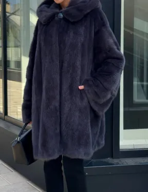 Норковая шуба с капюшоном,  роспуск - темный графит - фото 1