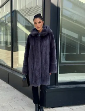 Норковая шуба с капюшоном,  роспуск - темный графит - фото 13