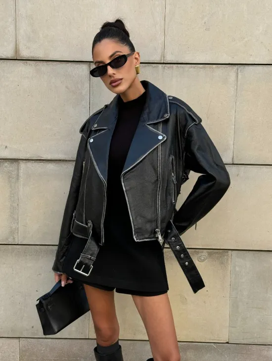 Куртка-косуха из натуральной кожи «Vintage»  со шнуровкой - цвет черный - фото 0