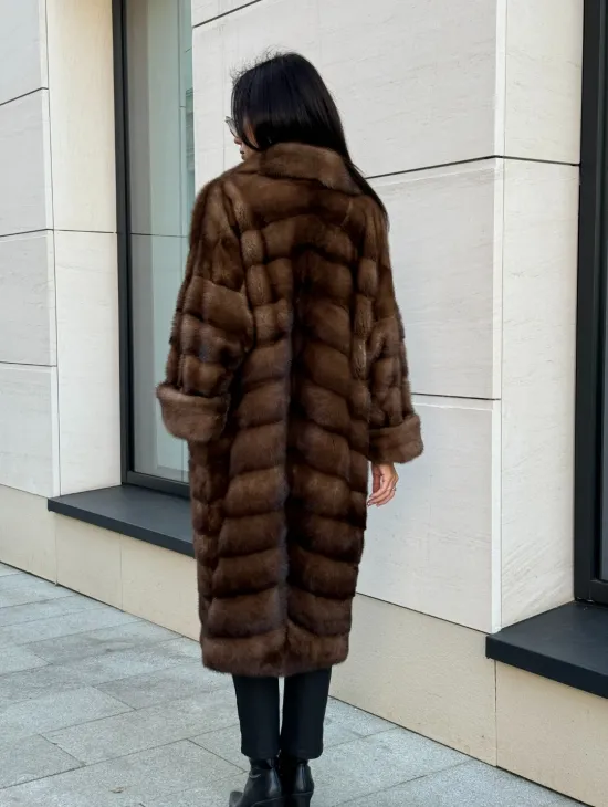 Шуба натуральная из меха норки английский воротник - цвет соболь - фото 7