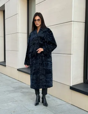 Пальто из меха каракуля с V-образным воротником, цвет Indigo Blue - фото 9