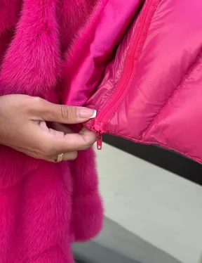 Норковая куртка трансформер 2в1 - цвет фуксия - фото 2