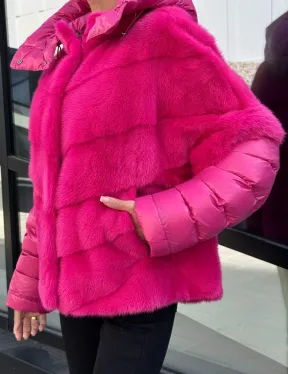Норковая куртка трансформер 2в1 - цвет фуксия - фото 3