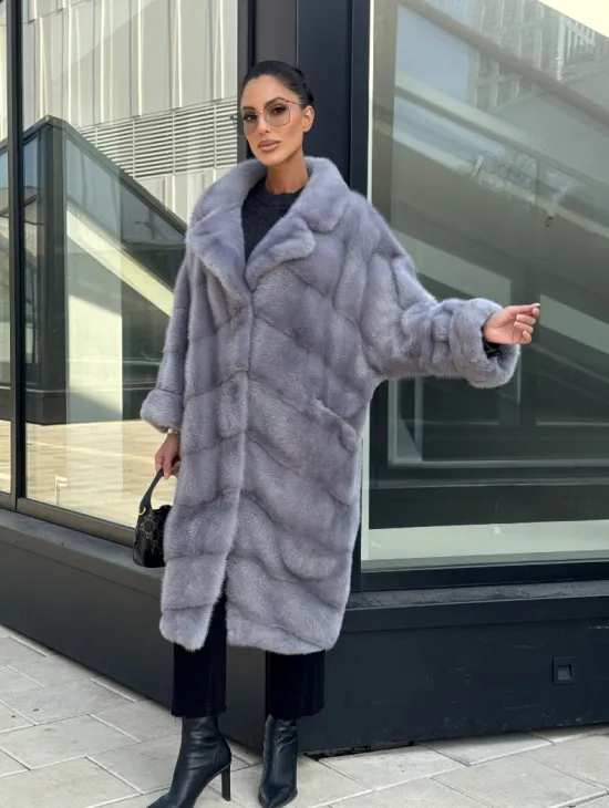 Голубая норковая шуба английский воротник, фасон кокон - фото 5