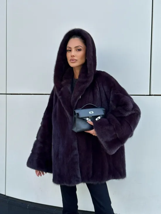Норковый полушубок автоледи с капюшоном - цвет инжир - фото 12