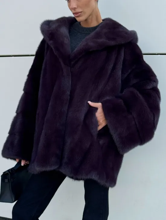 Норковый полушубок автоледи с капюшоном - цвет инжир - фото 3