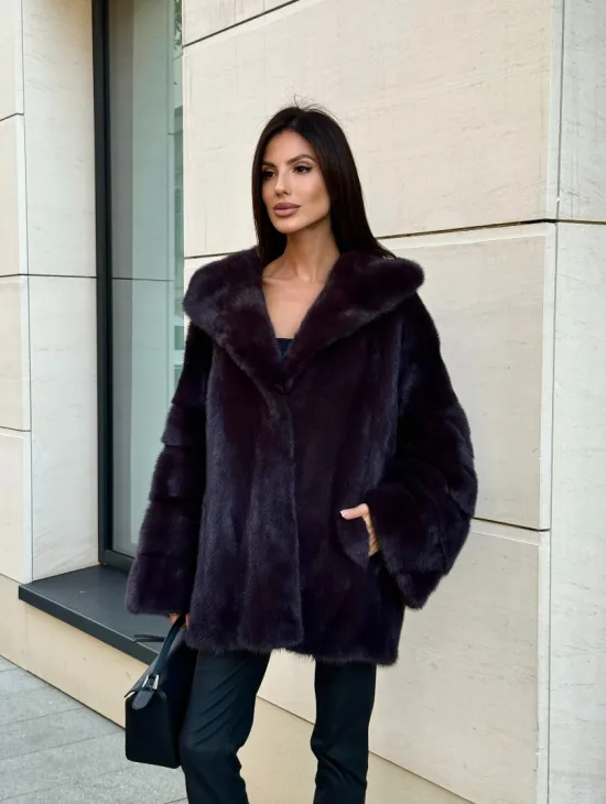 Меховое полупальто из аукционной норки с капюшоном Dark violet - фото 10