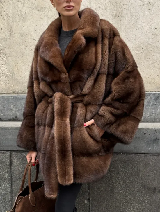 Полушубок из меха норки Brown Velvet, английский воротник фасон - летучая мышь - фото 5