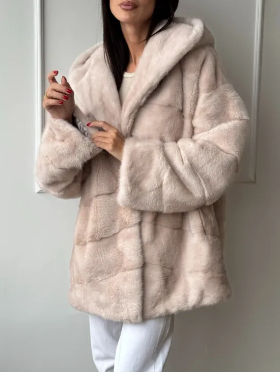 Зимняя норковая шуба цвет пудра с капюшоном - фото 2