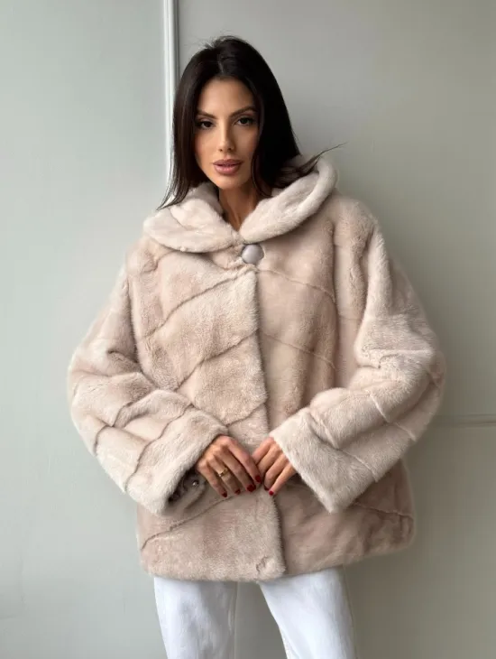 Меховая куртка - шуба из меха норки с капюшоном в цвете пудра - фото 5