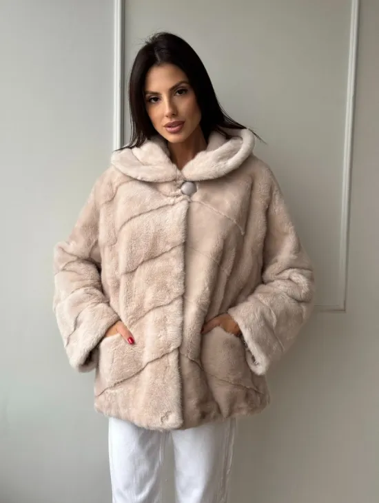 Меховая куртка - шуба из меха норки с капюшоном в цвете пудра - фото 6