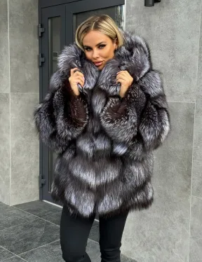 Шуба натуральная из чернобурки с капюшоном - фото 8