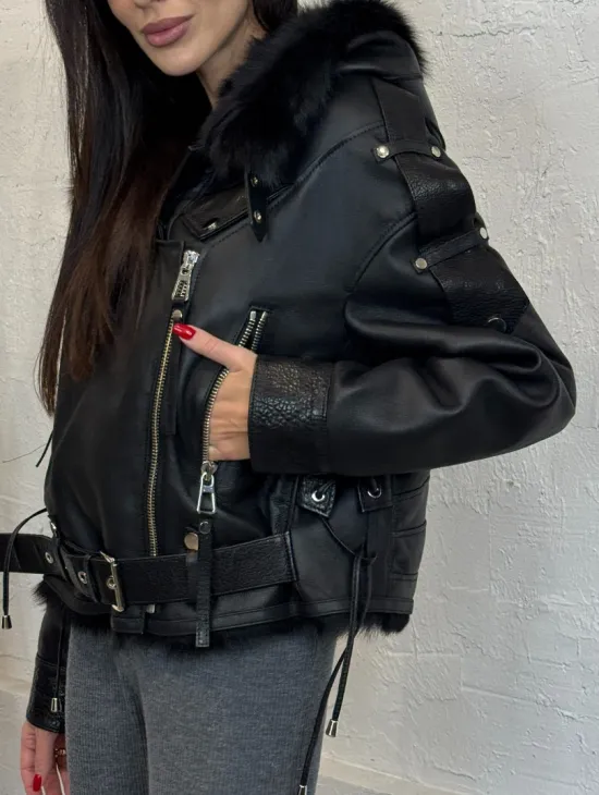 Короткая женская куртка - дубленка из натуральной кожи и мехом тосканы внутри, капюшон - фото 2