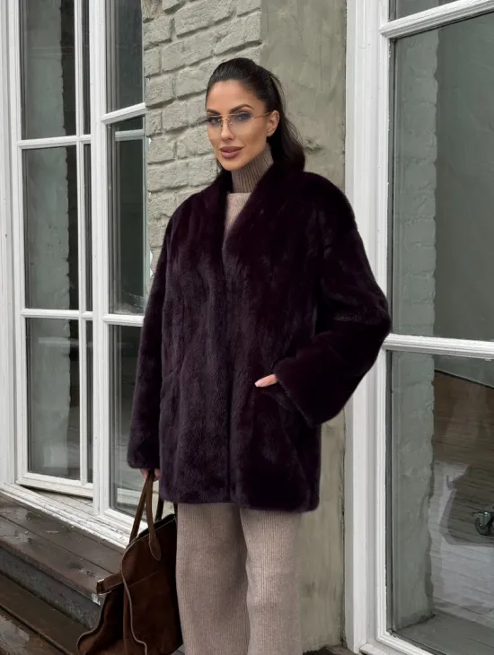 Короткий женский полушубок из меха норки VINTAGE BURGUNDY - фото 10