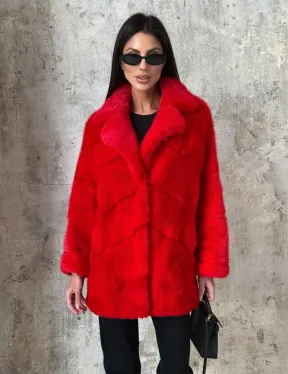 Красный полушубок из натурального меха норки - фото 5