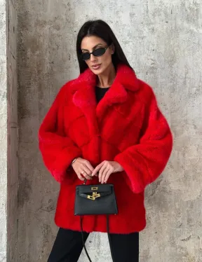 Красный полушубок из натурального меха норки - фото 8