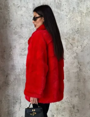 Красный полушубок из натурального меха норки - фото 4