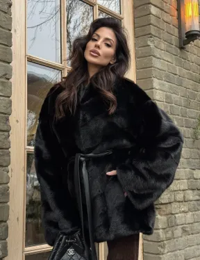 Черный норковый полушубок с воротником V-образным - фото 0