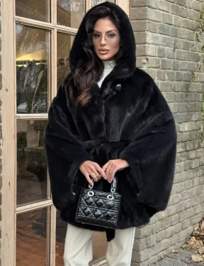 Меховое пончо из скандинавской норки с капюшоном - черный изумруд - фото 5